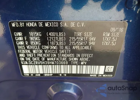 2017 Honda Hr-V Lx из США, поврежденный, VIN 3CZRU5H39HM703669